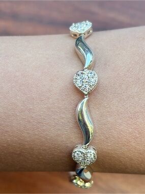 Vintage 925 Sterling Silver CZ Pave Heart Link Wavy Bracelet Gift for Her